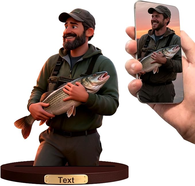 Personalized 3D Cartoon Photo Fishing Figurine Desktop Ornament Home Office Bedside Table Decoration From Your Photos To Office Desk Frames Gift‘S For Fathers Enthusiasts (Fishing cartoon)