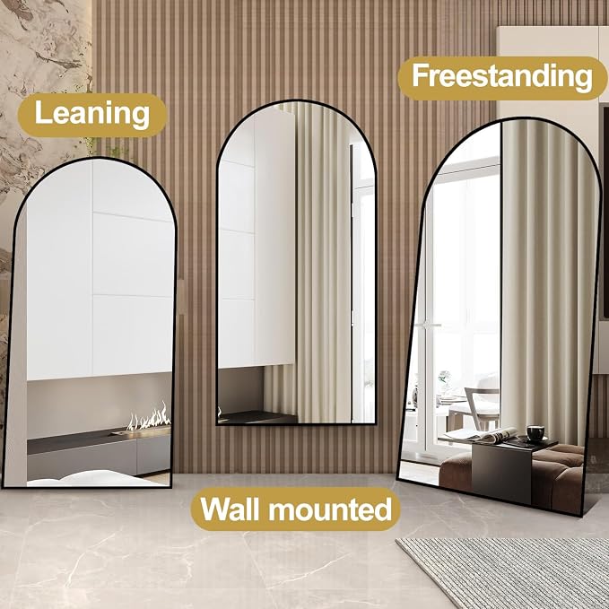 Dewfig Arched Full Length Mirror, 71"x30" Large Floor Mirror, Full Body Mirrors for Leaning or Hanging, Standing Mirrors for Bedroom, Living Room,Dressing Room, Aluminum Alloy Frame, Black