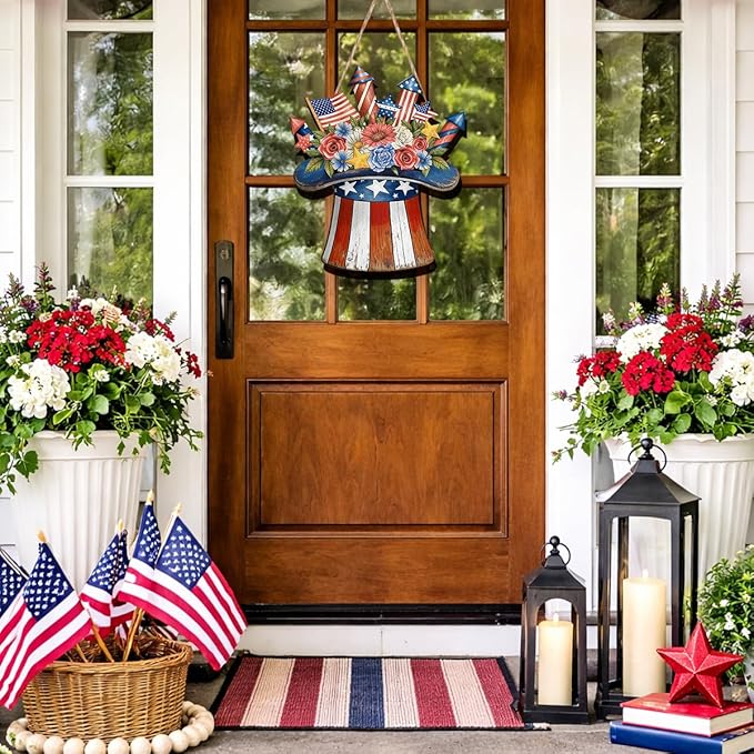 Wooden 4th of July Decorations Patriotic Wreaths for Front Door Independence Day Decorations Star Sign Welcome Memorial Day Hanging for Home Wall Decor Outdoor Indoor Red White and Blue Wreath 7
