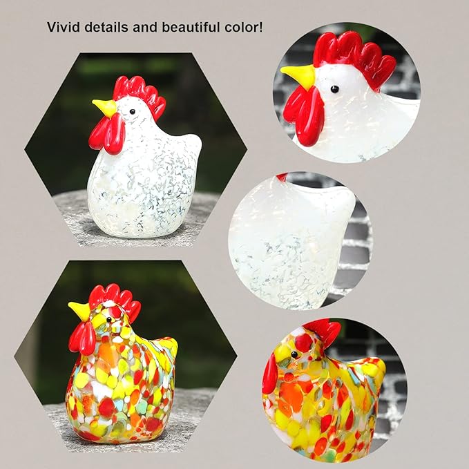 LONGWIN 2PCS Mini Glass Chicken Figurine Hand Blown Art Glass Rooster Animal Statues Collectible Figurines Unique Gift Home Decor Ornaments