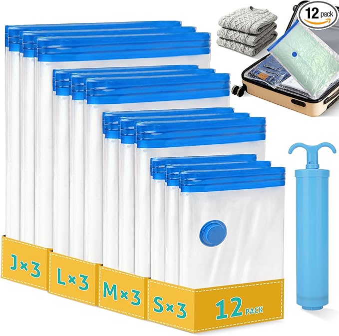 12 Pack Travel Vacuum Storage Bags 4 Size(24/28/32/40 Inch), Portable Vacuum Seal Bags for Clothing Travel with Pump, Space Saver Bag for Luggage Suitcases Clothes Bedding Seasonal Storage