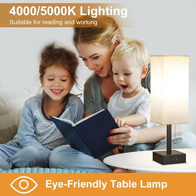 Bedside Table Lamp with 3 Color Temperatures - 3000/4000/5000K Small Lamp with USB C+A Ports, Nightstand Lamp with 3 Color Modes by Pull Chain, Bedroom Lamp for Living Read Work(LED Bulb Included)
