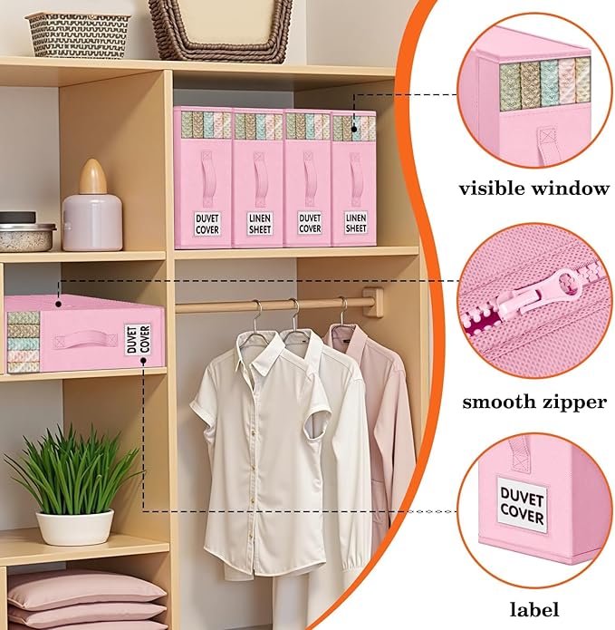 WOWBOX Sheet Organizers and Storage,Closet Bed Sheet Organizer Under Bed Storage and Organization with Label Cards & Clear Window for Bedding Sheets,Duvet Covers,Blankets (10 Pack，Pink)