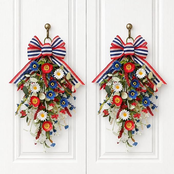 TEMPUS Patriotic Floral Swag Wreath 2-Pack, 22" Red White Blue Artificial Daisy Teardrop Swags with Striped Bow, Handcrafted Patriotic Door Decor for 4th of July Independence Day, Memorial Day