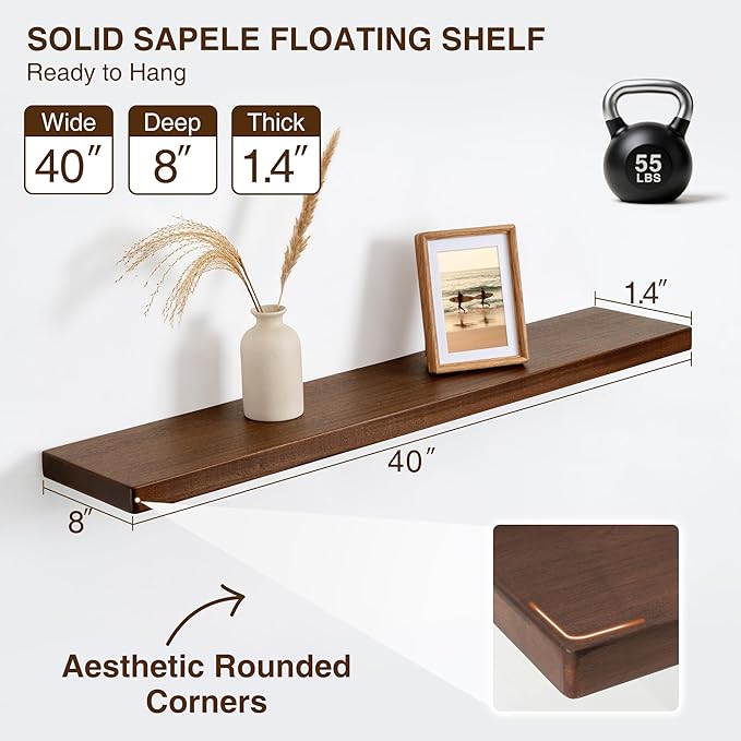 40 Inch Floating Shelves, Solid Wood Wall Shelves, 8 Inch Deep Floating Shelf – for Bathroom, Bedroom, Living Room, Kitchen, Home Decor & Storage, Heavy-Duty Wooden Shelf Wall-Mounted, Set of 2