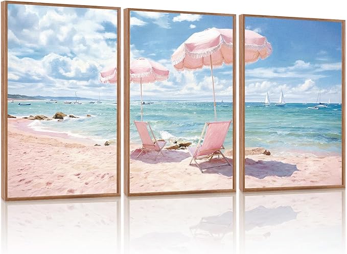 KAlRNE Summer Pink Beach Framed Canvas Wall Art Set of 3(24”X36”),Seascape Coastal Surfing Wall Decor,Modern Nature Ocean Art Prints For Living Room Bedroom Office