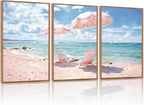 KAlRNE Summer Pink Beach Framed Canvas Wall Art Set of 3(24”X36”),Seascape Coastal Surfing Wall Decor,Modern Nature Ocean Art Prints For Living Room Bedroom Office