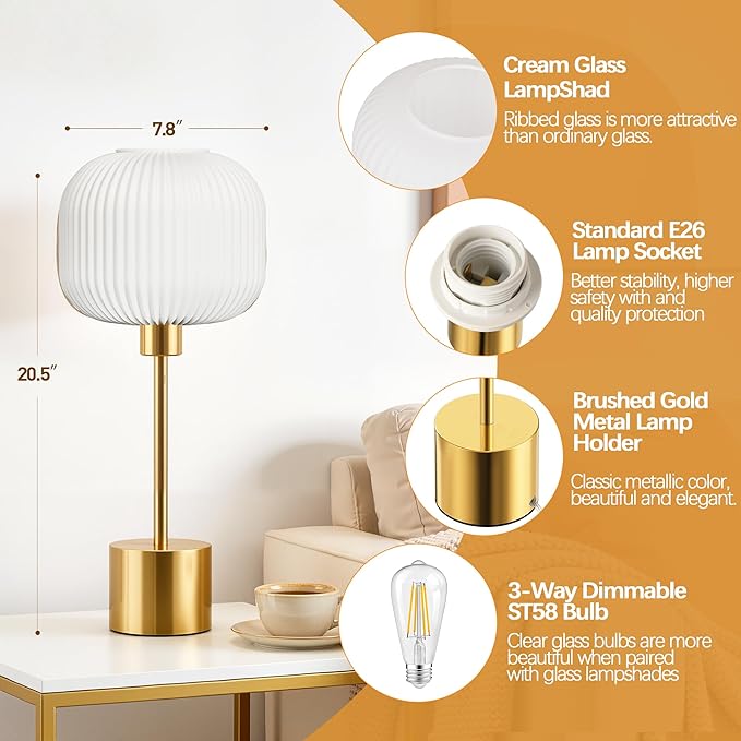 QiMH Glass Table Lamp for Living Room, Modern Bedside Lamp with Gream Ribbed Glass Shade, 3-Way Dimmable Touch Control Nightstand Lamp for Bedroom, Brushed Gold (2700K LED Bulb Included)