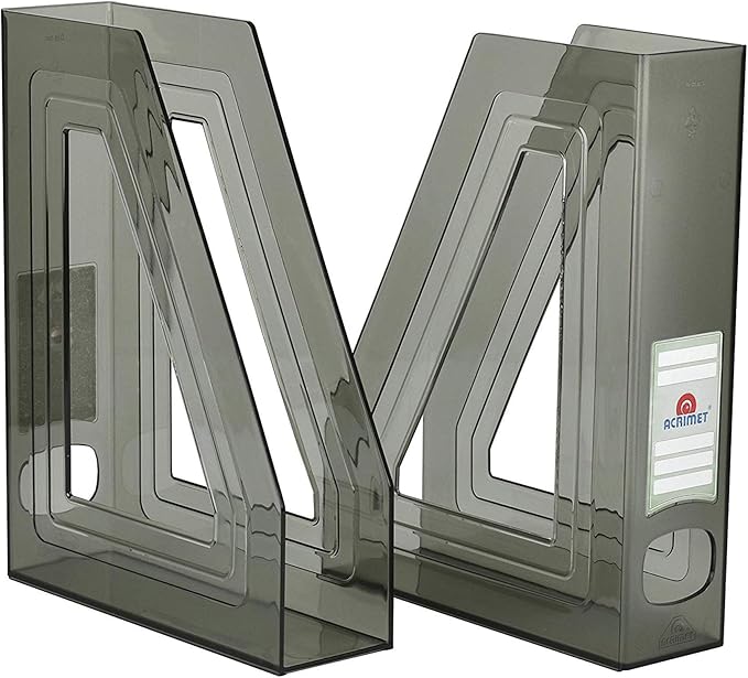 Acrimet Magazine File Holder Bin Storage, Vertical Rack for Documents, Folders and Mail, Durable Plastic Desk Organizer for Office & Home (Clear Gray Color) (2 Pack)