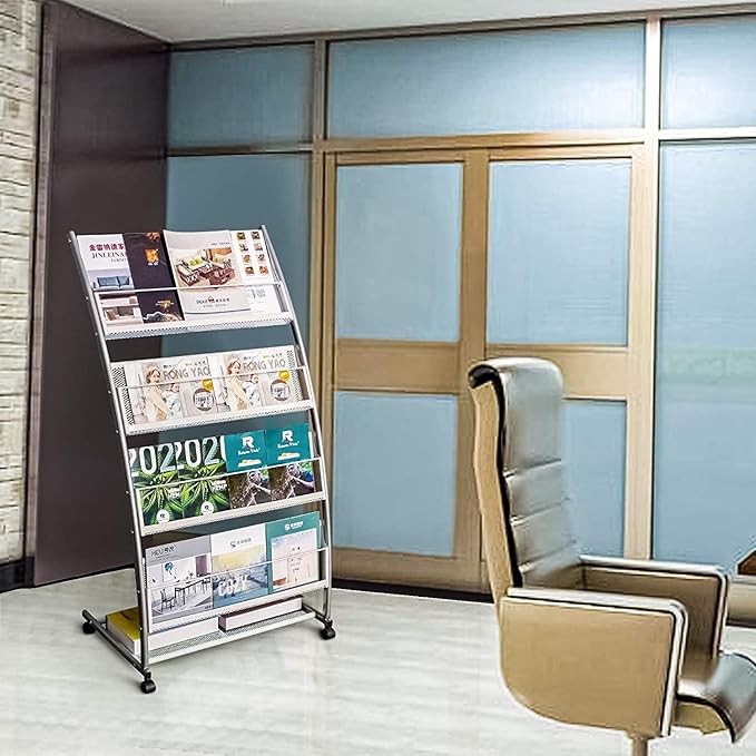 LIWSHWZ Magazine Rack Floor Standing,Brochure Display Stand, 4 Pockets Metal Literature Stand,Newspaper Rack with Wheels for Trade Show Exhibitions Office Retail Store