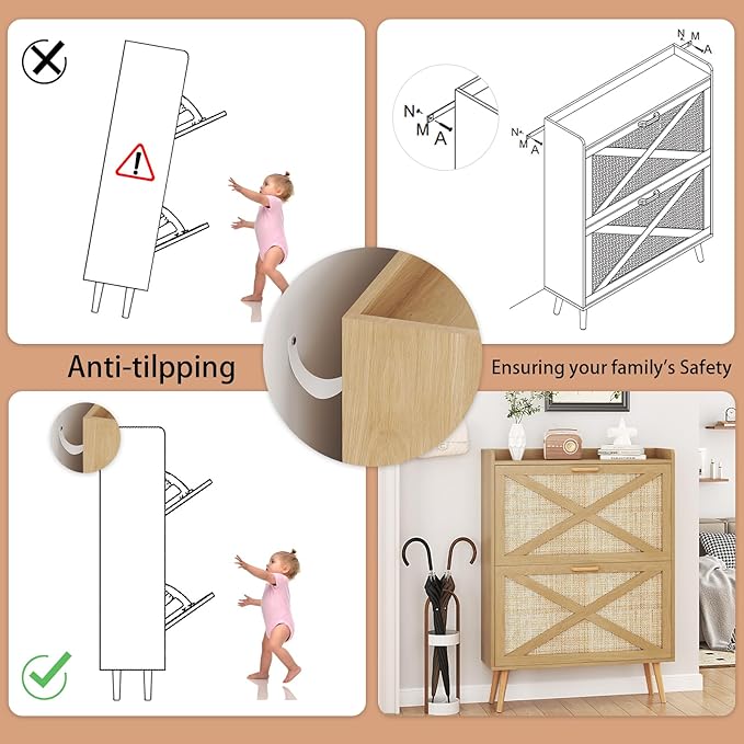 Shoe Cabinet with 2 Flip Drawers, Farmhouse Hidden Shoe Storage Cabinets, Narrow Wooden Shoes Organizer for Entryway, Slim Freestanding Shoe Rack Cabinet for Front Door Entrance, Rattan Natural