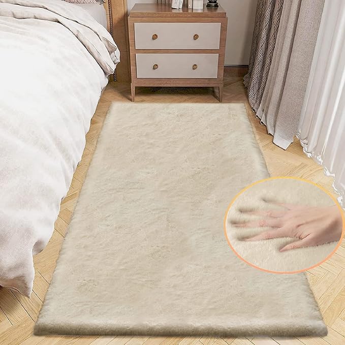 Light Brown Beige Fluffy Faux Rabbit Shag Fur Rugs for Bedroom Small Fuzzy Washable Runners Rugs for Living Room 2x6 Rug Runner Nursery