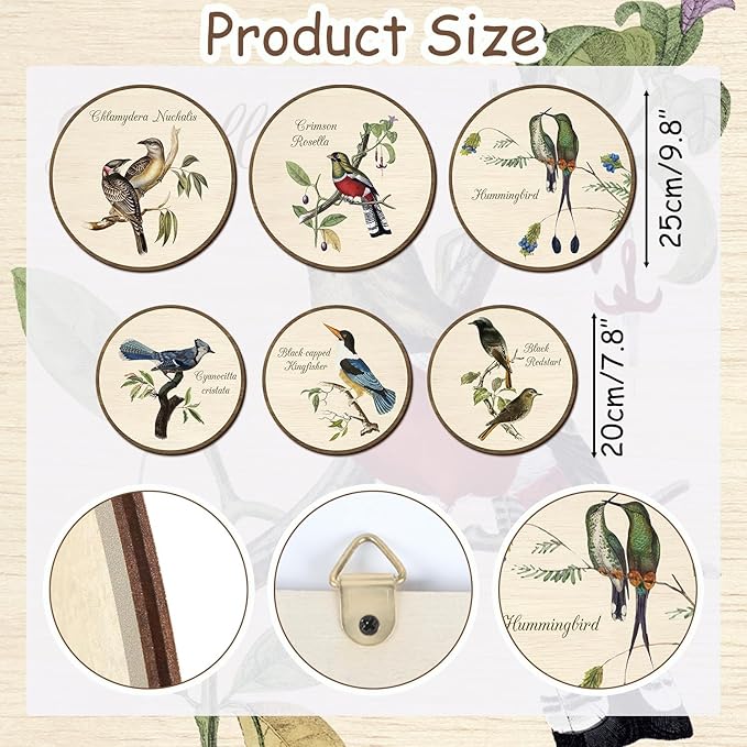 TOARTi 6pcs Vintage Bird Wall Art Set(9.9”x3/7.9”x3) Round Bird Botanical Wooden Plaques Rustic Bird Plant Round Wall Hanging Farmhouse Birds Wall Decor for Home Bedroom Living Room Bird Lover Gift