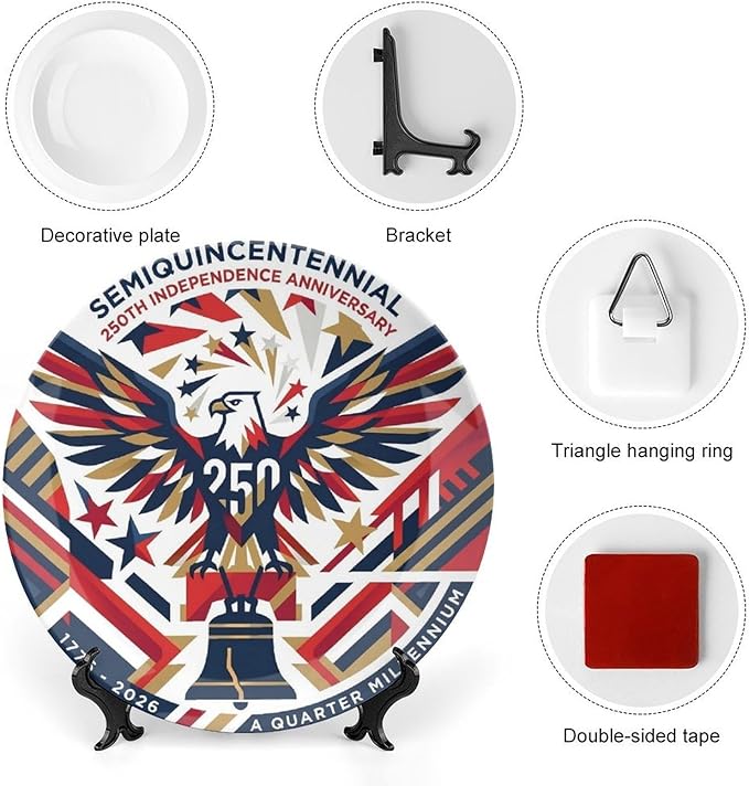 250th Anniversary Decorative Plates 8 Inch Eagle Liberty Bell Patriotic Decorations Commemorative Plates with Stand Independence Day 4th of July Semiquincentennial Decor