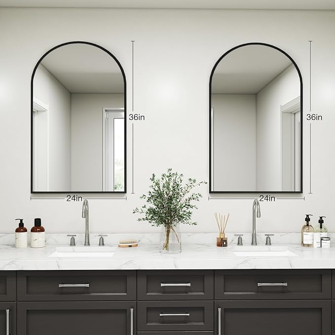 DUMOS Black Metal Arch Vanity Rounded Rectangle Bathroom Mirrors for Over Sink Wall, 24x37 Inch Large Matte Mirror, Modern Decorative for Restroom, Farmhouse