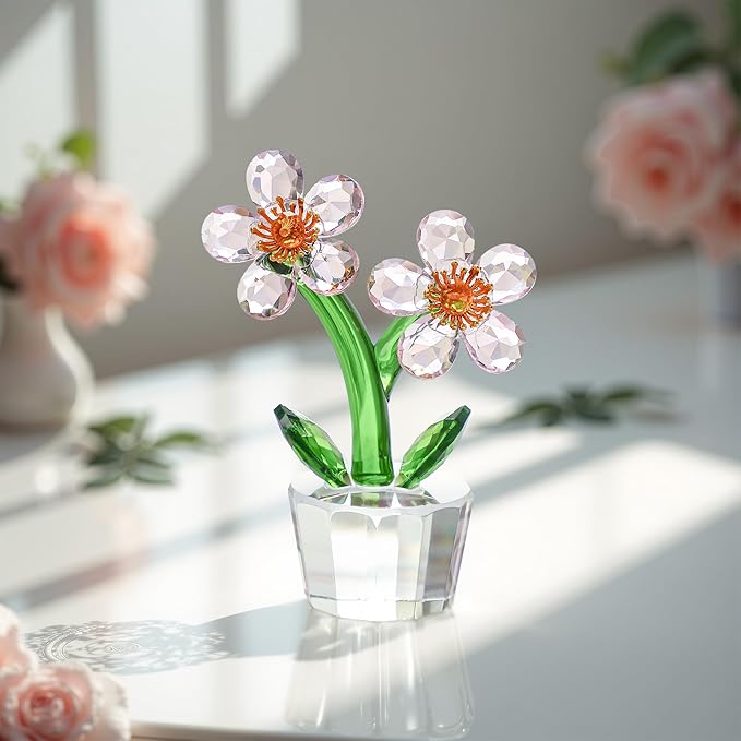 Pink Crystal Peach Blossom Flower Figurine 3.9‘’*2.9‘’ Elegant Tabletop Flower Ornament Collectible Home Decor Centerpiece