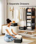 Pipishell Hanging Closet Organizer 6-Shelf, Hanging Shelves for Closet with 3 Removable Drawers & Side Pockets for Bedroom, Garment Rack and Wardrobe Organization, 12' x 12' x 43.3', Black