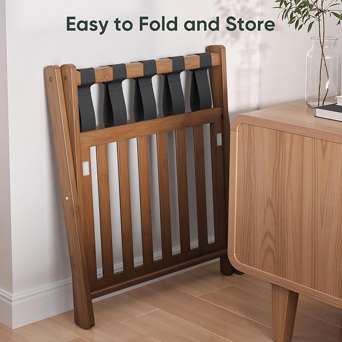 26.77“ Fully Assembled Dark Walnut Luggage Racks with Folable Storage Shelf, 5 Heavy-Duty Straps Bamboo Suitcase Stand, Luggage Holders for Guest Room, Bedroom, Hotel