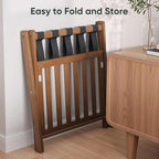 26.77“ Fully Assembled Dark Walnut Luggage Racks with Folable Storage Shelf, 5 Heavy-Duty Straps Bamboo Suitcase Stand, Luggage Holders for Guest Room, Bedroom, Hotel