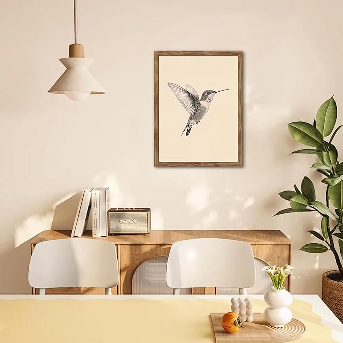 Vintage Framed Wall Art, Birds Canvas Prints, Hummingbird Sketch Painting Picture, Neutral Farmhouse Artwork Wall Decor for Living Room Bedroom – Dark Wooden Frame 16x24in