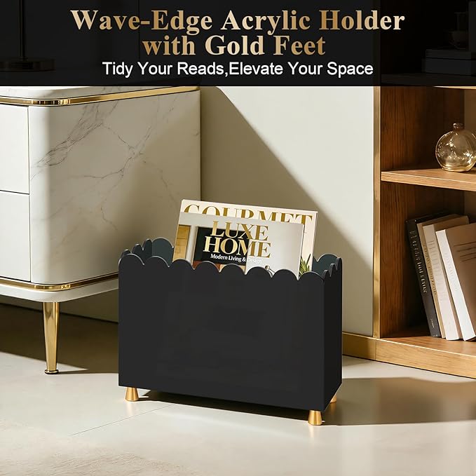 Acrylic Magazine Holder, Magazine Rack Floor,Sleek Black Stylish Organizer with Luxe Gold Metal Feet and Wave Edge Design Space Saving Storage for Books Newspapers Office Supplies,Home Office(Black)