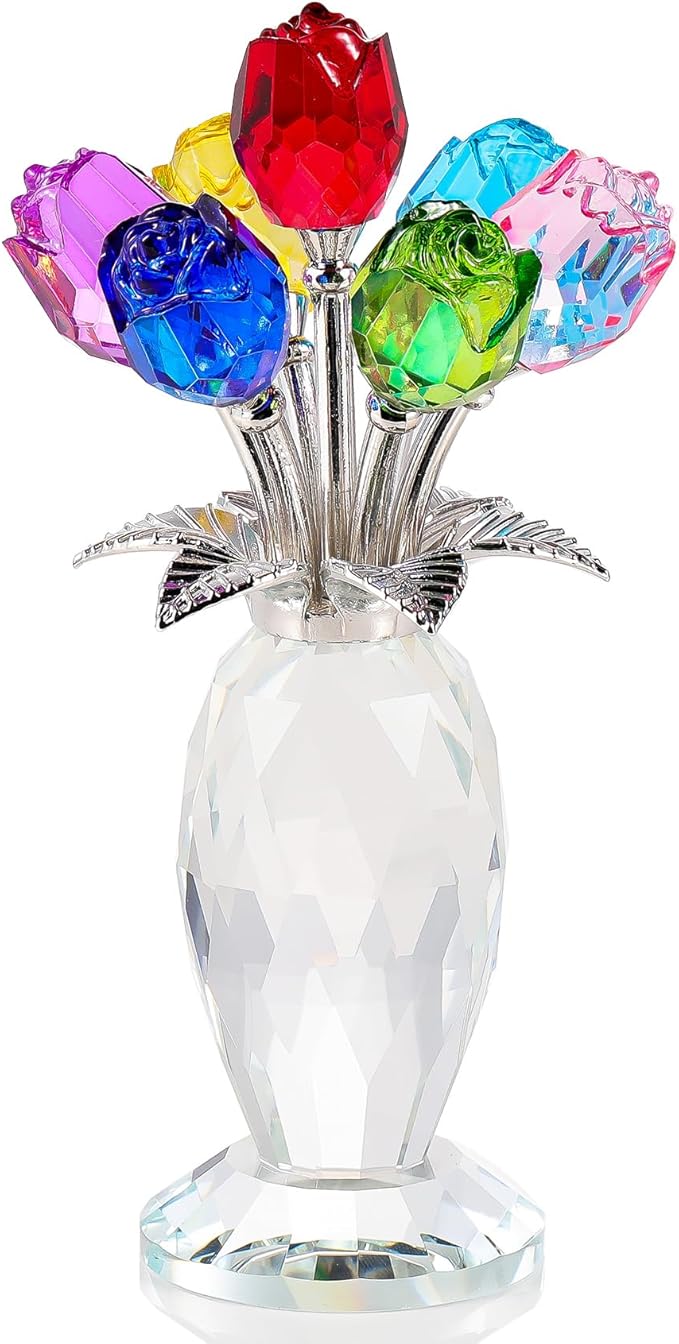 Movdyka Crystal Colorful Rose Flower Figurine with Vase Handmade Romantic Glass Rose Gifts for Wife Mom on Mother's Day Birthday Christmas Wedding Valentines Home Decorations