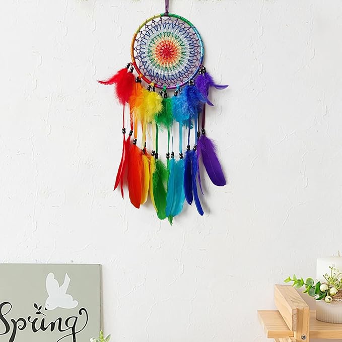Colorful Dream Catcher Rainbow Dream Catchers Wall Decor Handmade Feather Dreamcatcher Wall Hanging Ornament for Bedroom Living Room Home Decor