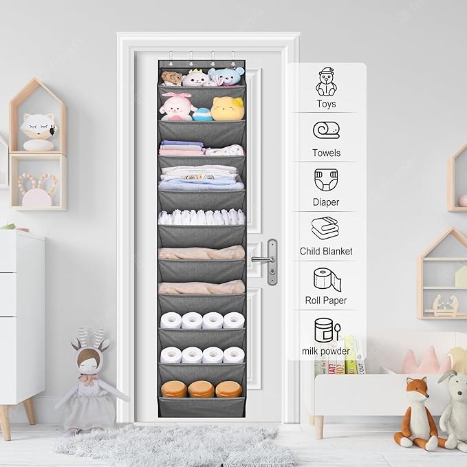SLEEPING LAMB Over The Door Shoe Organizer for Closet with Large Deep Pockets, Narrow Shoe Rack for Door Hanging Boots Storage, Grey