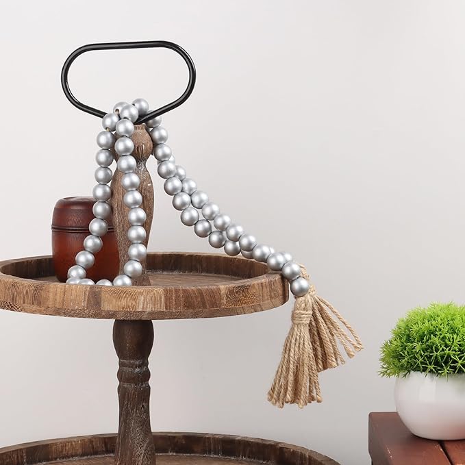 Meplait 39in Wood Bead Garland Farmhouse with Tassels,Versatile Prayer Beads Boho Chic Wall Hanging Home Decor(Silver)