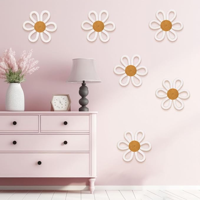 Zeyune 6 Pcs Boho Nursery Daisy Flower Wall Art Decor Woven Macrame Wall Pediments Boho Daisy Floral Nursery Art Decor for Home Bedroom Decorations(White,Yarn and Cotton Rope)