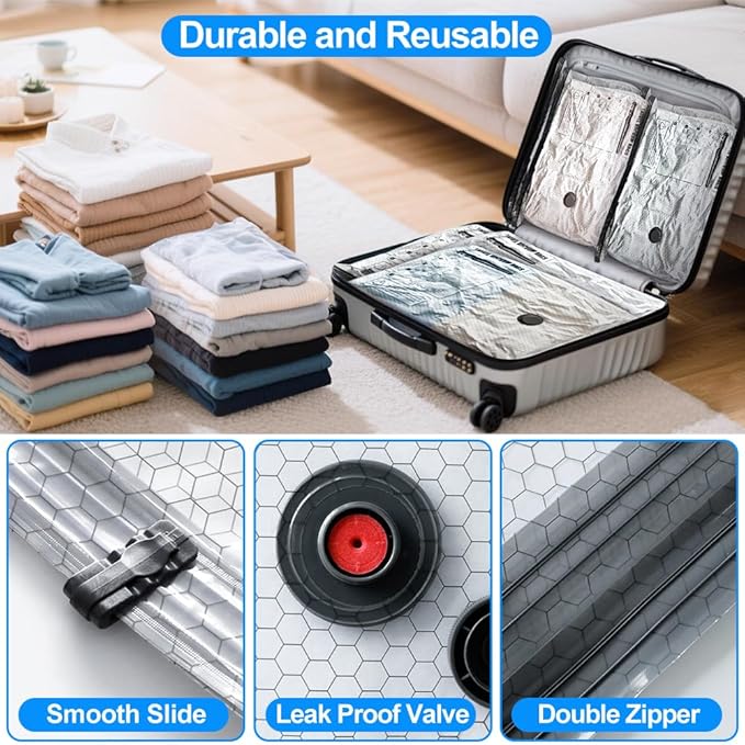 Vacuum Seal Bags 12-Pack with Wireless Pump, 4 Large/4 Medium/4 Sizes, Reusable Storage for Clothes Travel, Luggage & Suitcases, Portable Space Saver