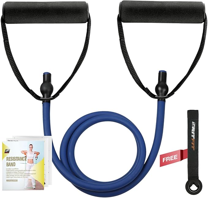 RitFit Single Resistance Exercise Band with Comfortable Handles - Ideal for Physical Therapy, Strength Training, Muscle Toning - Foam Padding Door Anchor and Starter Guide Included