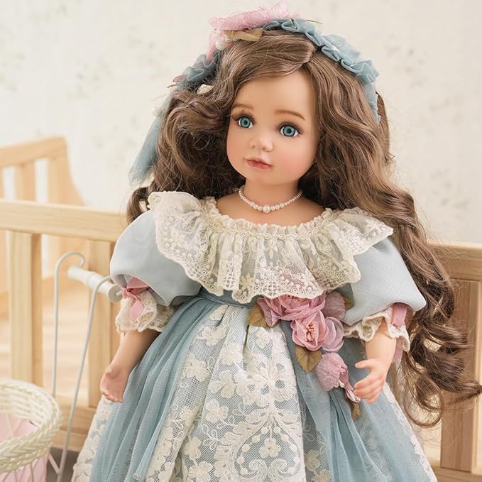 18 Inch Kawaii Porcelain ＆ Fabric Doll Cute European Retro Handmade Ceramic Doll with Showing Stand for Room Decor, Birthday Gifts, Collectible ，Name Olivier (Blue)