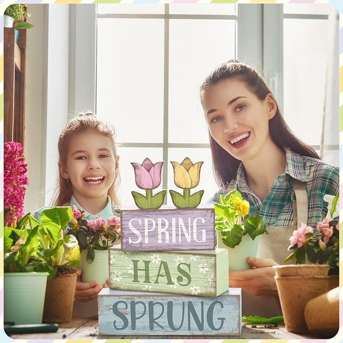 Moucuny 4 Pcs Spring Table Decorations Wooden Stacked Block Sign with Tulip Decor - "spring Has Sprung" Centerpiece Rustic Easter Tiered Tray Decorations Flower Signs for Home Kitchen Tabletop Mantel