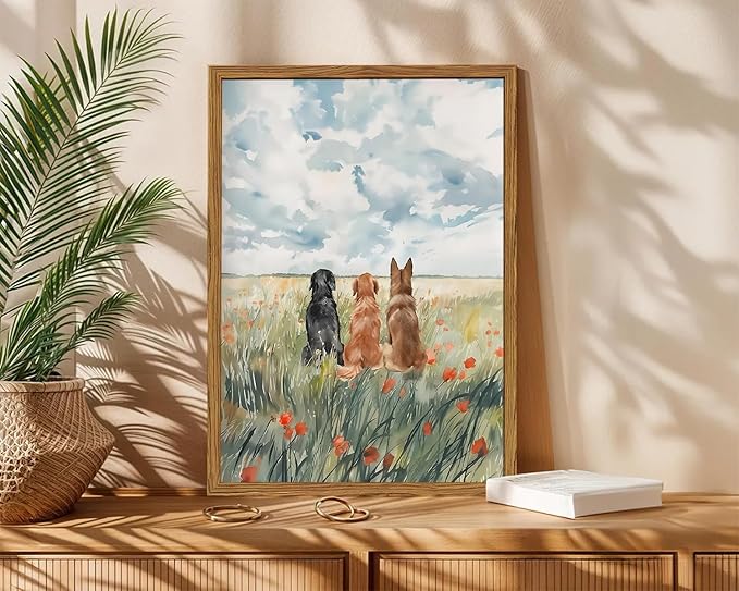 Framed Dog Canvas Wall Art, Cute Three Dogs in Flower Field Pictures Wall Decor, Rustic Farmhouse Animal Nature Paintings Prints Home Decor for Living Room Bedroom Bathroom 12x16 inch