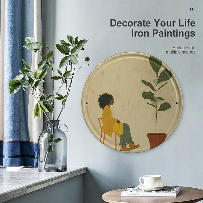 Wall Picture, with Potted Plant and Woman Printed Circular Iron Hanging Picture,Wall Art Decor,Home for Bedroom Living Room Bathroom Decor,Iron Painting 11.8X11.8 in