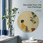 Wall Picture, with Potted Plant and Woman Printed Circular Iron Hanging Picture,Wall Art Decor,Home for Bedroom Living Room Bathroom Decor,Iron Painting 11.8X11.8 in