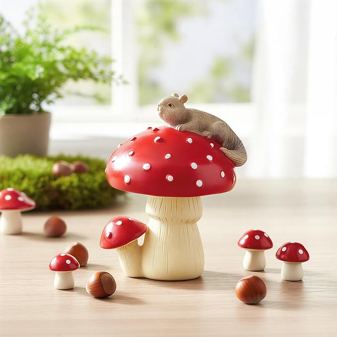 Squirrel Mushroom Resin Statue - Cute Squirrel Mushroom Statue for Desk Living Room Resin Figurine for Home Patio Office Decoration Cute Plant Statues for Tabletop Garden Backyard Decoration