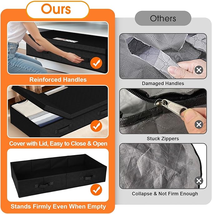 Under Bed Storage Containers with Lids - 3 Pack, Foldable and Stackable Clothes Storage Bags with Clear Window, 3-Sided Handles and Label Slot for Clothing, Blankets, Pillows (Black)