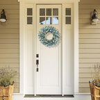 22 Inch Blue Floral Wreath for Front Door, Artificial Spring Summer Wreath with Free Pink Sash, All Seasons Eucalyptus Greenery Wreath for Indoor Outdoor Home Wall Wedding Decor