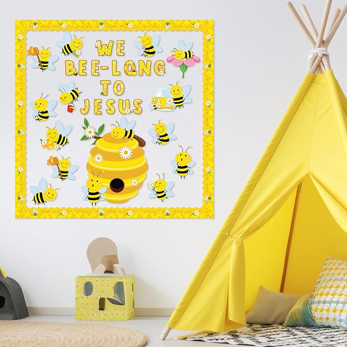 HIQINLUG Bee Bulletin Board Decorations Set, Summer Bee Jesus Religious Bulletin Board Decorations Christian Cutout for Classroom Back to School Library Home Window Wall Birthday Decor
