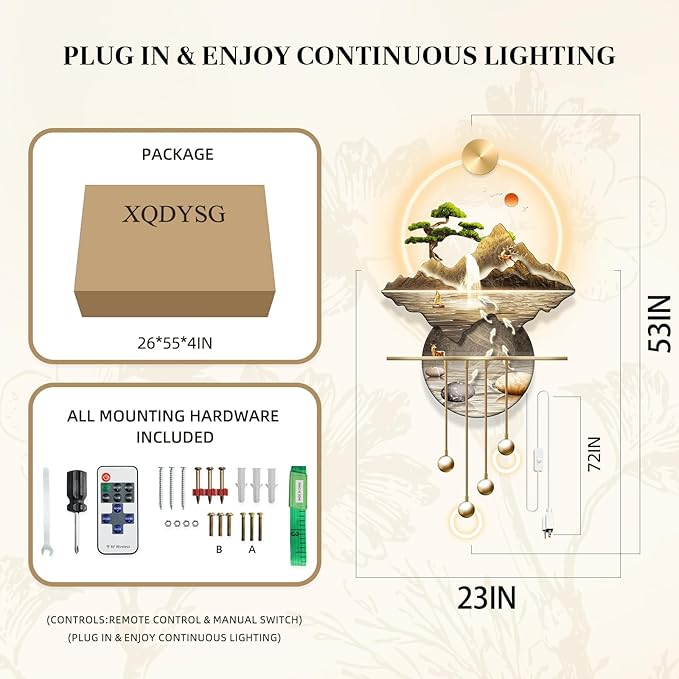 LED Light Art Wall Decor, Decor Wall Sculptures Art 3D for Home, Arts Decorations Walls Sculpture with Light, Plug-in Power Supply, Gold E, 23x53IN