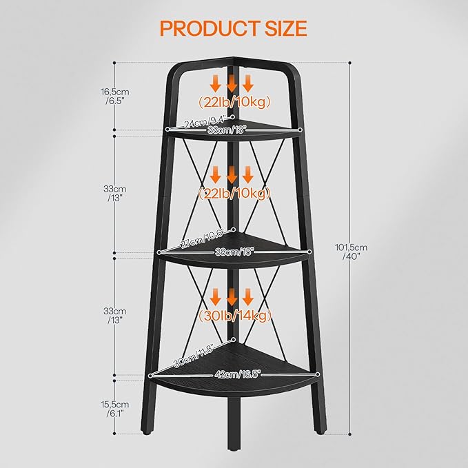 HOOBRO Corner Shelf, 3-Tier Corner Shelf Stand, 40" Tall Ladder Bookshelf, Industrial Corner Display Shelf Plant Stand for Living Room, Kitchen, Home Office, Black BB143CJ01