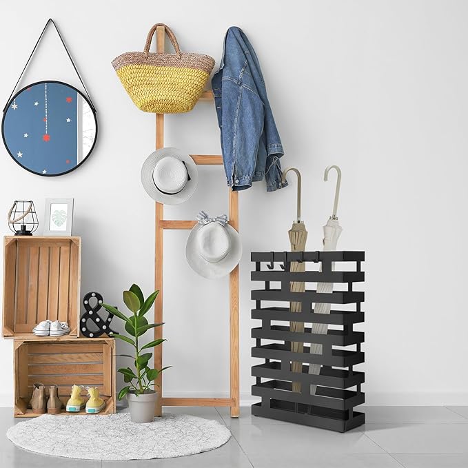 Tudomro Umbrella Stands for Entryway Large Metal Umbrella Holder 3.94 x 11.81 x 16.93 Inches with Removable Water Tray and Hooks Decor Freestanding Rectangular Hollow Rack for Home Office (Black)