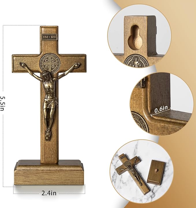 KUXBET Wood Standing Cross 5inch Small Crucifix - Jesus Christ Wall Cross Crucifix for Table or Wall Decor Home Decoration (5.5" L x 2.4" W)
