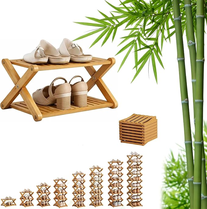 9 Tier Bamboo Shoe Rack, Foldable Shoe Rack, Shoe Rack, Ertical Shoe Organizer for Small Spaces, No Assembly Narrow Shoe Shelf for Entryway Closet Dorm (Yellow, 2 Layers)