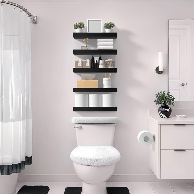 Sorbus Floating Shelves for Wall – 16 Inch Floating Shelf for Kitchen, Bedroom, Living Room, Bathroom, Home & Wall Decor - Mounted Bathroom Shelves with Invisible Brackets (Black, 3 Pack)