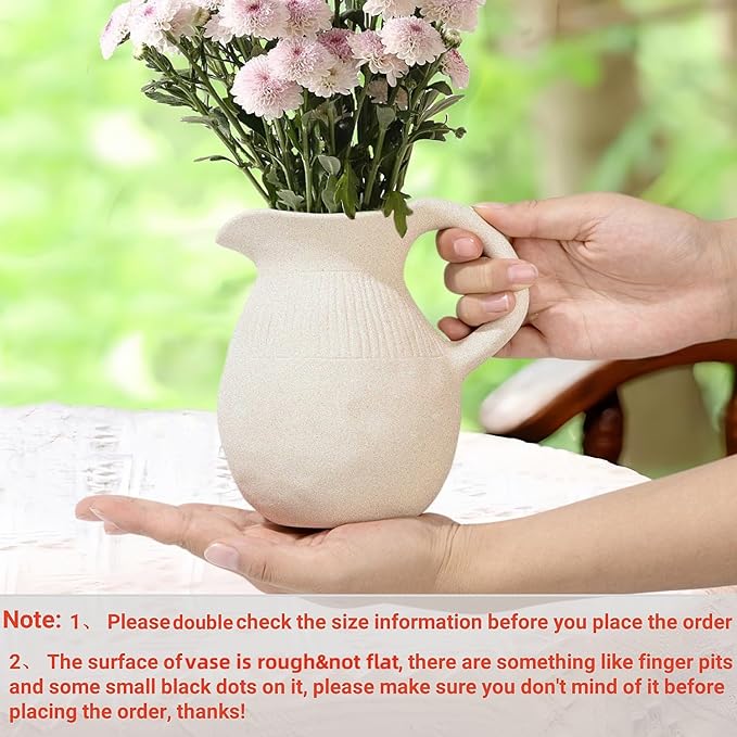 Ceramic Jug Vase, Small Farmhouse Pitcher Vase for Home Decor, Rustic Decorative Pottery Flower Vases with Handle, Centerpiece for Kitchen/Living Room/Bedroom/Office/Bookshelf/Mantel, Height 5.6"