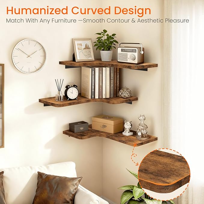 Homode Corner Floating Shelves, Corner Shelves Wall Mounted with Cord Hole, Set of 3 L Shape Wood Wall Storage Shelves for Living Room Bedroom Bathroom Kitchen, Rustic Brown