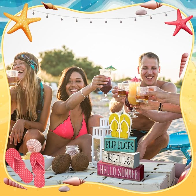 Yuntau 4 Pcs Summer Table Decorations Wooden Sign Flip Flops Table Centerpiece Summer Tiered Tray Decor Decorative Faux Book Stack Block for Coffee Fireplace Mantel Floating Shelf Hawaii